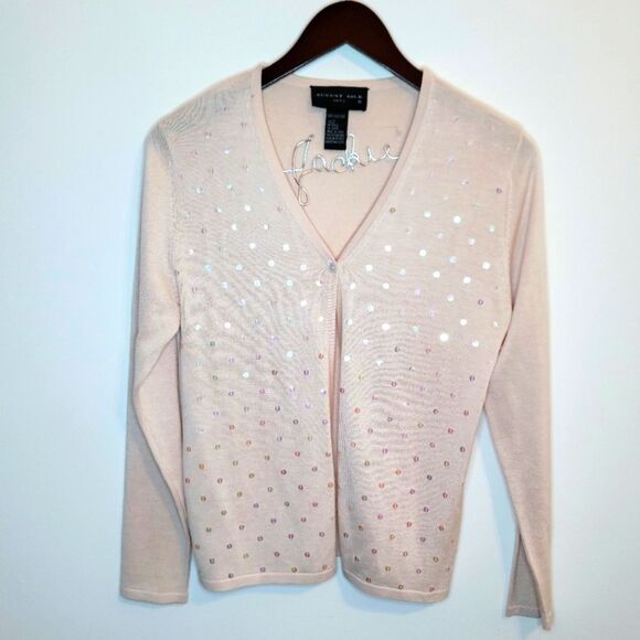 August Silk Knits Beige Sequin One Button Cardigan 100% Silk Size Small - Picture 1 of 11